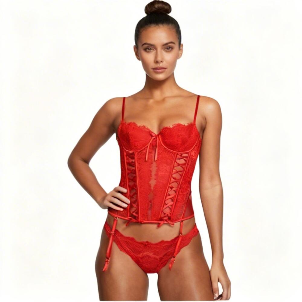 Victoria's Secret Red Lightly Lined Lace Corset Top, M